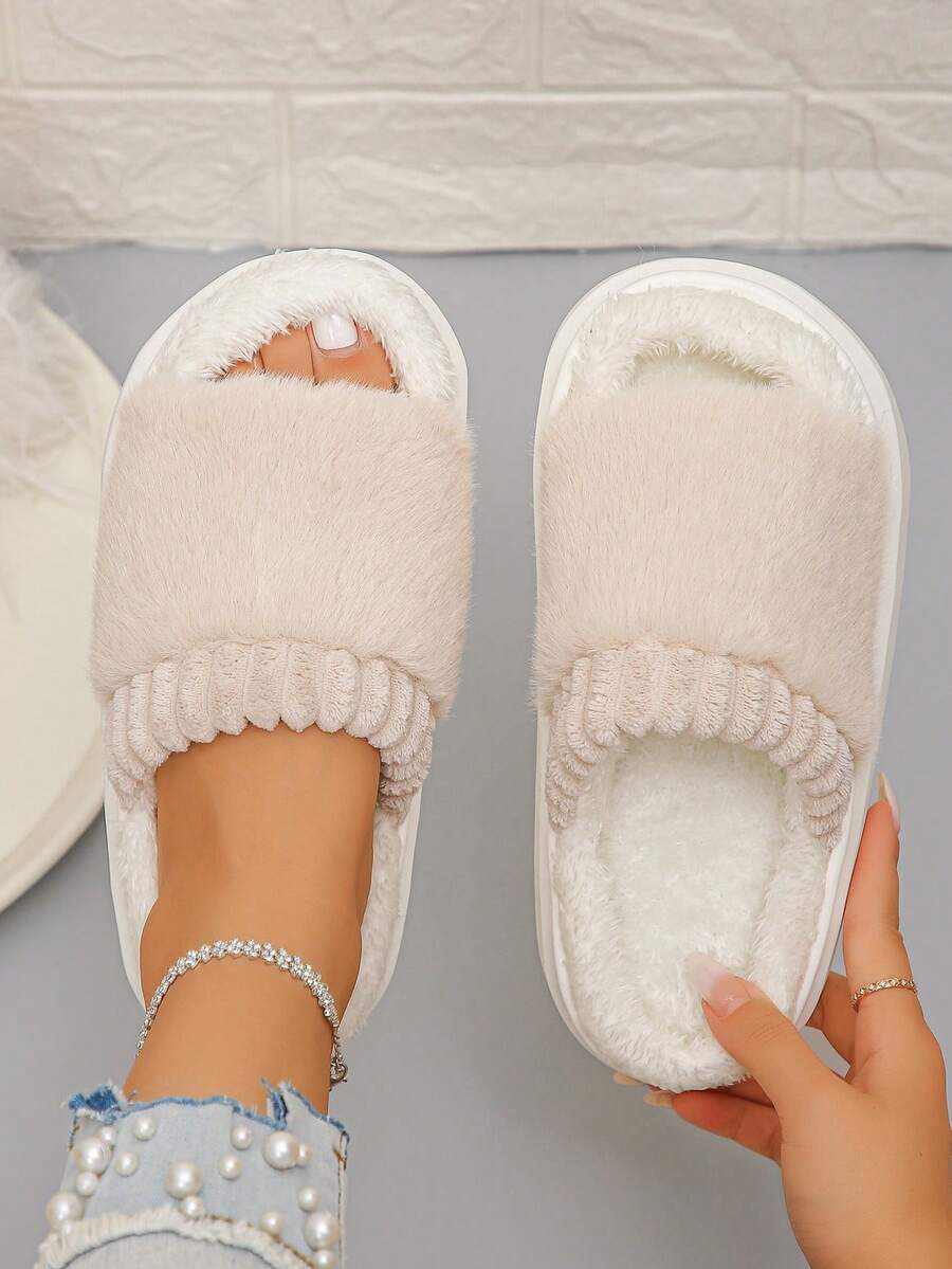 Plus Size 36-43 Women's Solid Color Casual Fairy Style Fuzzy Lined Soft Flat Half-Slip-On House Shoes, Thick Fleece Warm Indoor Slippers For Winter, Multiple Colors Available - Beige - View 1