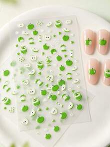 2 Sheets 5D Cute Apple For Nail Stickers - Spring And Summer Cartoon Fruit Design, Sweet Charm, Self-Adhesive Plastic Decals, Suitable For Nail Art, Odorless, Single Use, Fruit Decoration - Green - View 6