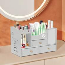 White PVC Cosmetic Organiser, Tabletop Makeup Storage Drawer Case With Mirror, Vanity Unit For Cosmetics, Jewellery For Bedrooms And Student Dormitories - White - View 1
