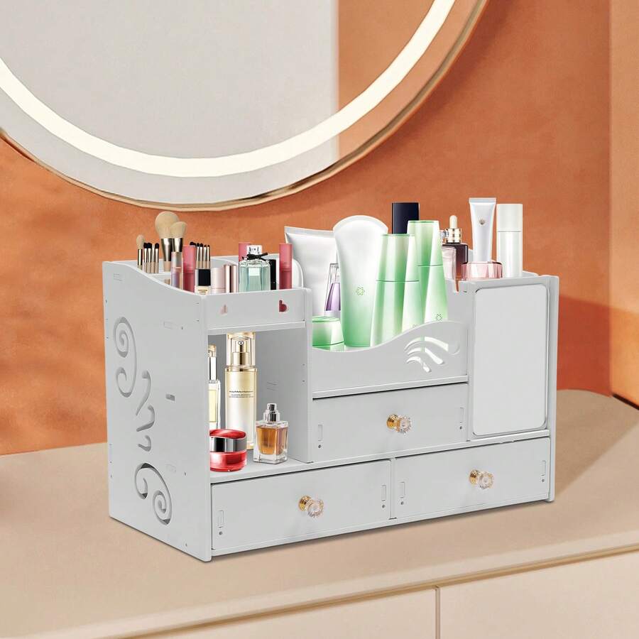 White PVC Cosmetic Organiser, Tabletop Makeup Storage Drawer Case With Mirror, Vanity Unit For Cosmetics, Jewellery For Bedrooms And Student Dormitories - White - View 1