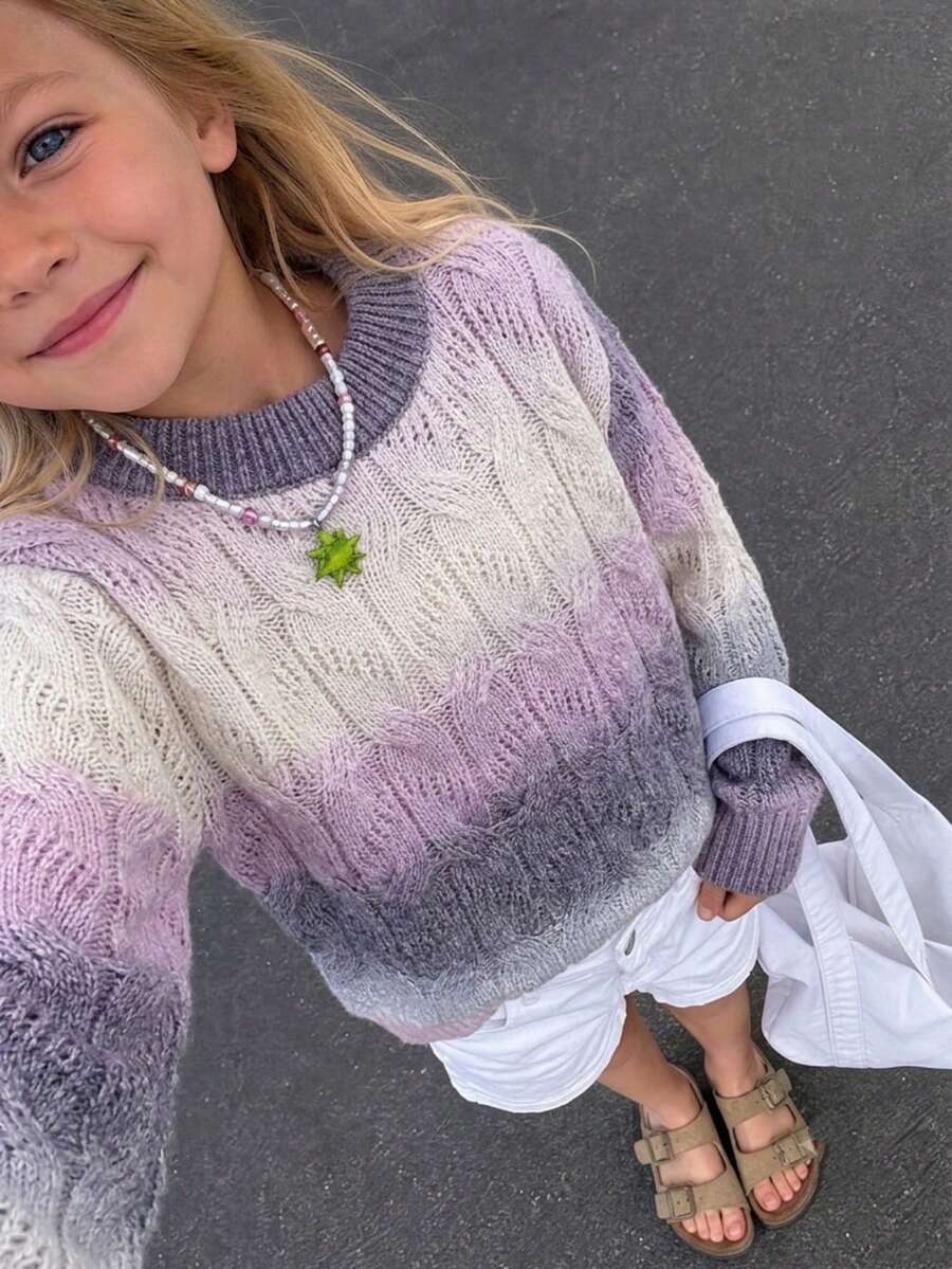 Girls Cute Gradient Color Knit Pullover Sweater, Suitable For Vacation, Daily Wear, Spring, Autumn, Winter - Purple - View 1