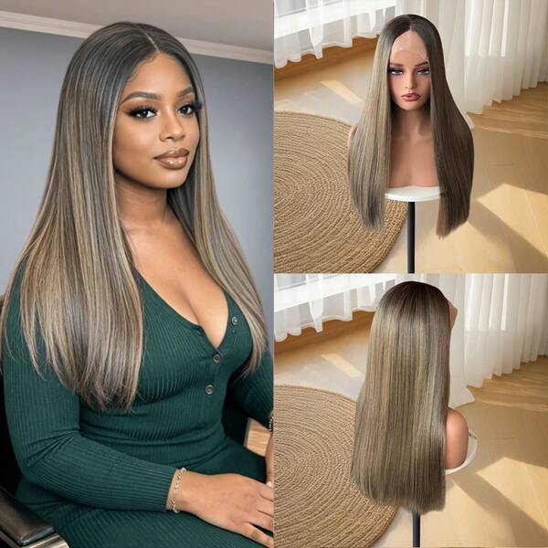 Wig Sintetis Lurus Panjang 13x4 Lace Front Wig Berkualitas Tinggi Pre-Plucked Natural FUTURA Fibre Brown Highlights Wig Untuk Pesta Sehari-hari