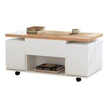 Height-Adjustable Coffee Table, 3-In-1 Multifunctional Table, Living Room Table With Storage, Convertible To Living Room Dining Table, Work Table With Wheels And 4 Stools, 100x50x48 Cm, White + Wood Tone - 自然色 - 查看 7