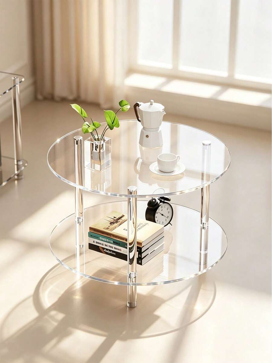 Transparent Acrylic Round Coffee Table, Living Room Side Table, Sofa Side Table, Double Layer, Triple Layer Storage Table, Modern Minimalist Transparent Table, Small Apartment Coffee Table