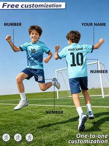 [Customized]Personalized Number & Name Customized Star Style 2pcs Boys & Girls Casual Football Uniform Set # -Round Neck-Short Sleeve & Shorts Set- Polyester, Back To School Season Suitable For -Sports -Training & Casual Wear, Outdoor Perfect Choice - Mint Green - View 6