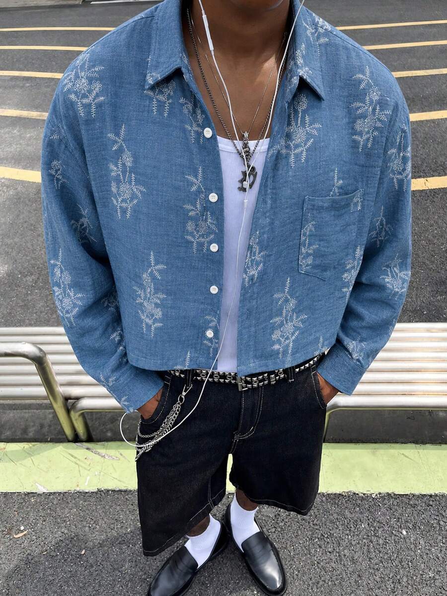 HOMIIE Men Fall Long Sleeve Cropped Shirt, Blue Floral Print Lapel Button Down Shirt With Pocket, Streetwear Casual Tops For Autumn - Blue - View 1