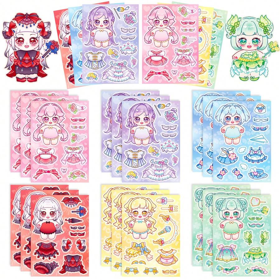 6pcs Cute Chibi Plush Doll DIY Dress Up Stickers, Lovely Paper Doll Collage Stickers, Creative Handmade Gift For Girls, Quiet Book Craft Supply - Multicolor - View 1