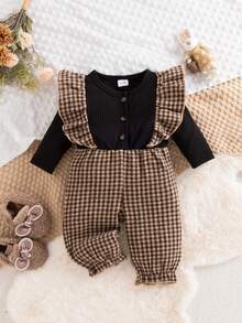 Baby Girl Early Autumn Sweet Cute Plaid Lace Long Sleeve Front Half-Open 2 In 1 Jumpsuit Jumpsuit, Suitable For Daily Outdoor Commute, Baby Outing, Versatile Crawl Suit - Black - View 3