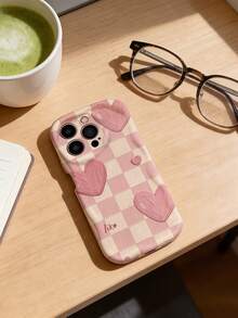 1 pieza Funda de teléfono con textura suave de TPU, diseño creativo y personalizado de onda de dopamina con volantes, patrón de tablero de ajedrez rosa con corazón, compatible con Galaxy S21 S22 S23 S24 S25 S26/Honor/ y talla grande modelos - Blanco - Ver 5