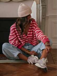 Women's Striped Knit Ribbed Button Front Long Sleeve Cardigan, Casual Elegant Country Music Concert, Vacation, Spring Autumn Winter Red Fall - Red - View 3