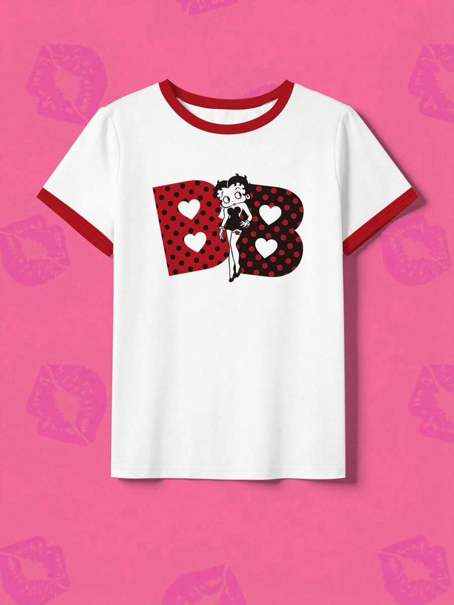 SHEIN X Betty Boop 女款可愛聯名T恤，將趣味融入衣著，適合日常休閒穿著，白色 - 白色 - 查看 1