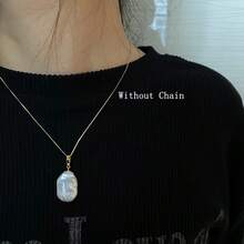 (Natural Pearl, Slight Difference Between Actual Product And Image) Baroque Rectangular Flat High-Quality Luster Freshwater Pearl Pendant, Exclamation Mark Shaped Gold Pendant Holder, Chain And Box Not Included - F - View 3
