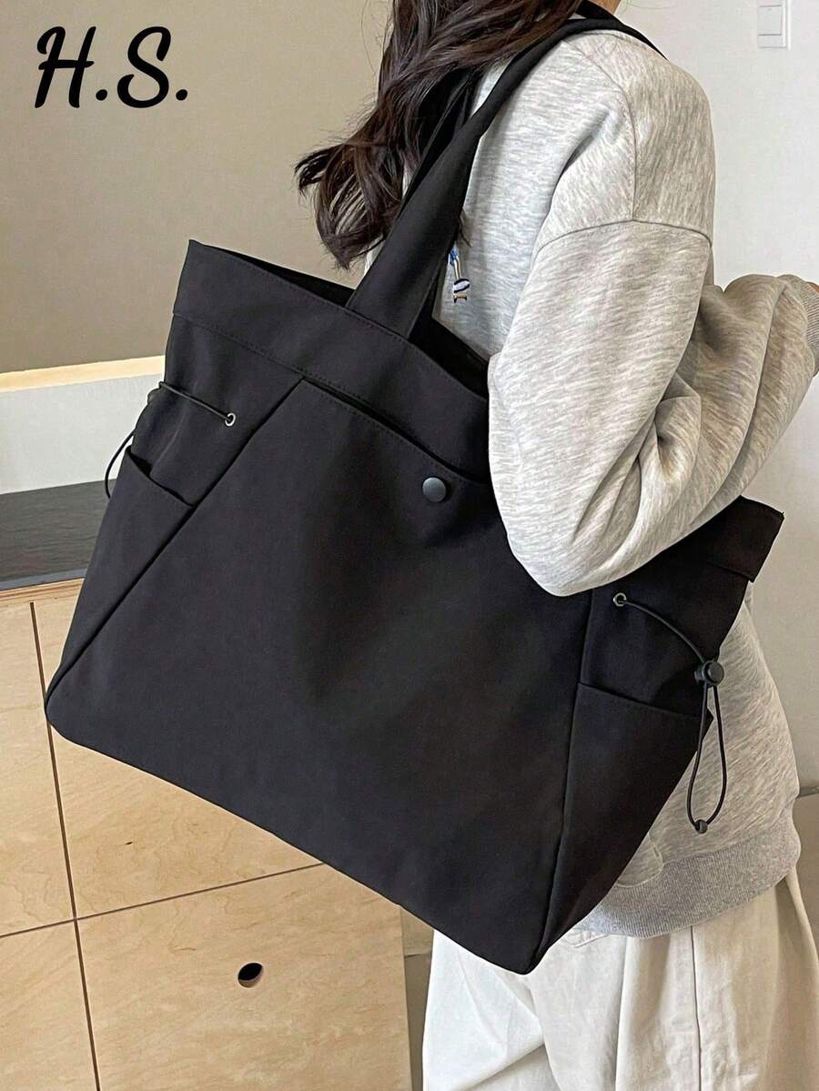 1pc Solid Color Nylon Large Capacity Women's Shoulder Tote Bag, Lightweight & Versatile Shopping Bag For Work, Commute, Shopping, Outdoor, School, Multi-Pocket Drawstring Cloth Bag, Fashionable & Versatile Big Cloth Bag, Easy To Pack For Travel, Simple Solid Color Tote Cloth Bag, Easily Matches Various Outfits - Black - View 1