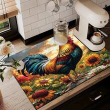 1pc Sunflower And Rooster Pattern Printed Diatomaceous Earth Kitchen Drain Mat, Absorbent Dish Drying Mat, Coffee Machine Mat, Dishwashing Mat, Sink Mat, Kitchen Countertop Protector Mat, Suitable For Cups, Plates, Tableware And Kitchen Decor - Multicolor - View 8