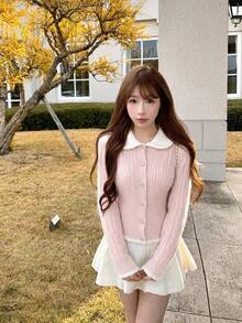 Korean Style INS Girl Peter Pan Collar Soft Knit Cardigan Women Spring Autumn Slim Fit Flattering Versatile Short Sweater - Pink - View 2