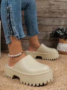Girl's Fashionable Comfortable Warm High Heel Thick Sole Slippers For Autumn/Winter, Suitable For Commuting, Outdoor, Home And Bedroom - Khaki - View 1