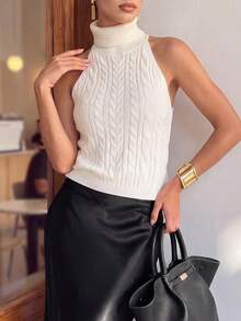 minisummer Women Elegant Fall Turtleneck Halter Knit Top, Cable Textured Sleeveless Fitted Cropped Sweater Vest For Daily Layering Outfits - White - View 9