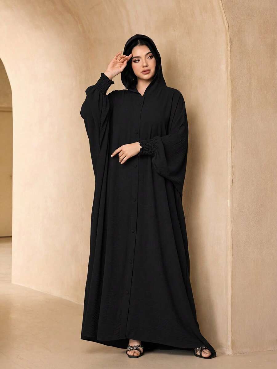 1件女款時尚百搭純色連帽鈕扣冰絲皺褶長款袍子,優雅柔軟防曬穆斯林服飾披肩 - 黑色 - 查看 1