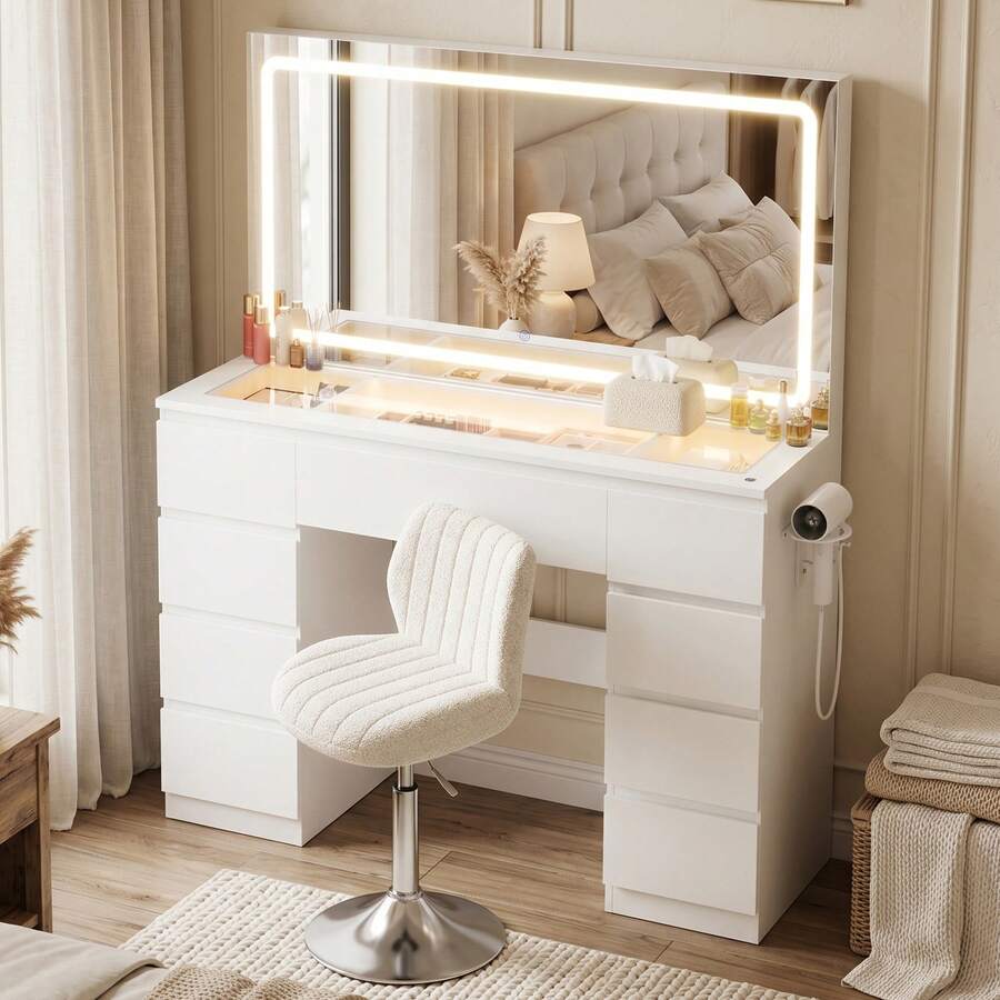 Devoko Modern Vanity Table With Extra Large LED Mirror, 3 Light Colors And Dimmable Brightness, Dressing Table With Glass Top, 9 Drawers, Power Strip And Hair Dryer Holder, White/Black - 查看 1