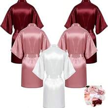5 Pieces Bride Bridesmaids Robe Set Silky Bathrobe Bridal Shower Wedding Party,Weeding Season Short Dress Gown Initial Letter Robe, Morning Robe And Sleeping Robe - White and Red Combination - View 9