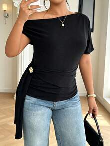 Áo blouse màu trơn dây rút bèo nhún cổ bất đối xứng, đi tiệc hẹn hò buổi tối - màu đen - Xem 3