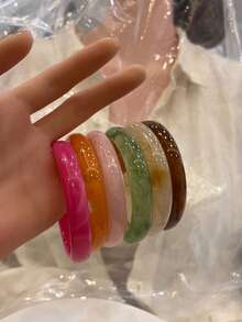 6pcs Elegant Vintage Bohemian Style Thick Multicolor Resin Bracelet Set, Fashionable Minimalist Design, Suitable For Women - Multicolor - View 4