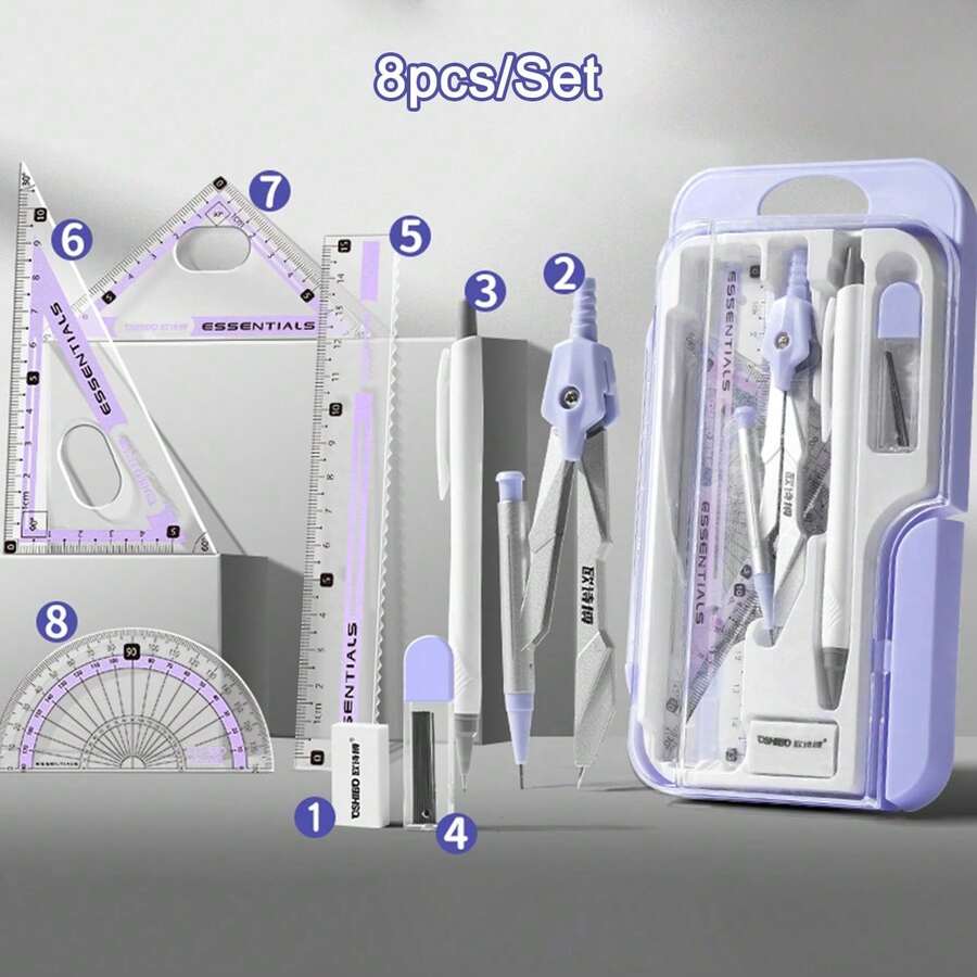 8pcs/Set Minimalist Transparent & Ruler Set, Precise Drawing Tools Designed Students, Suitable School Math & Geometry Homework, Back To School - Purple - View 1