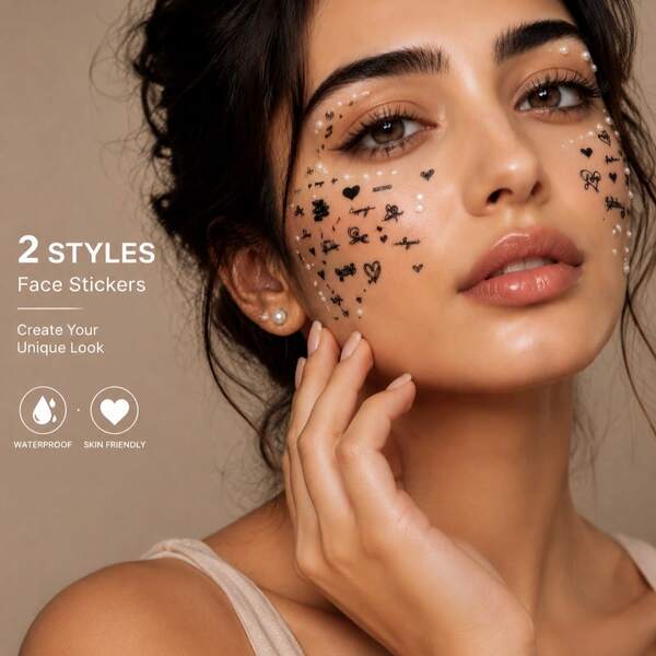 مجموعة ملصقات وشم للوجه بتصميم قلب أسود وحروف إنجليزية مع ملصقات أحجار الراين اللؤلؤية البيضاء، لديكور الوجه ومكياج الحفلات