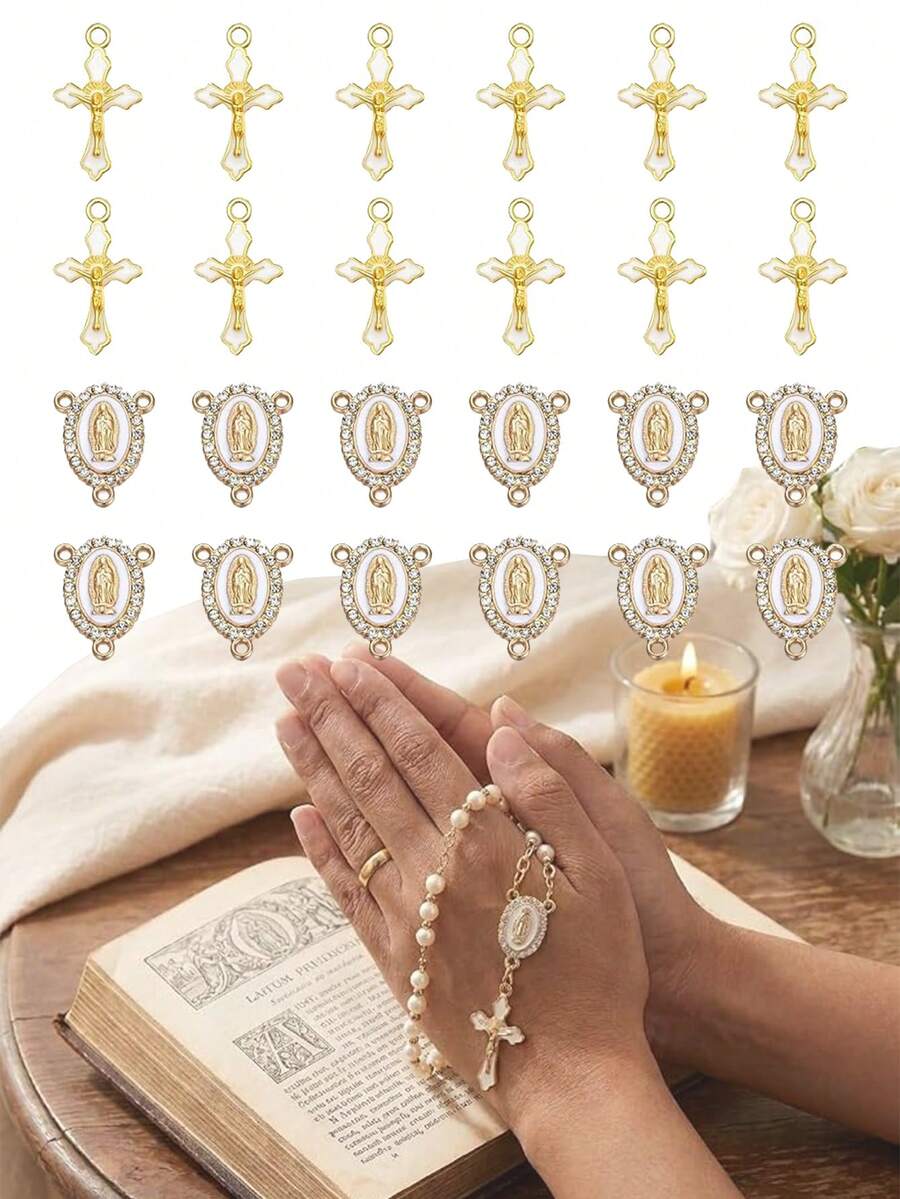 30pcs/15set Golden,Silvery Enamel Crucifix Cross Charms And Virgin Mary Rhinestone Connector Charms For Rosary Jewelry Making - White Oil-dripping - View 1