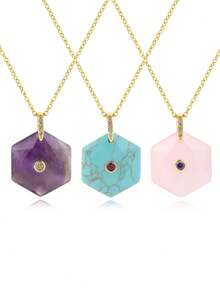 1pc Natural Stone Hexagram Pendant Stainless Steel Chain Necklace Healing Amethyst Rose Quartz Tiger Eye Hexagonal David Necklaces Jeweley H931 - Necklace - View 2
