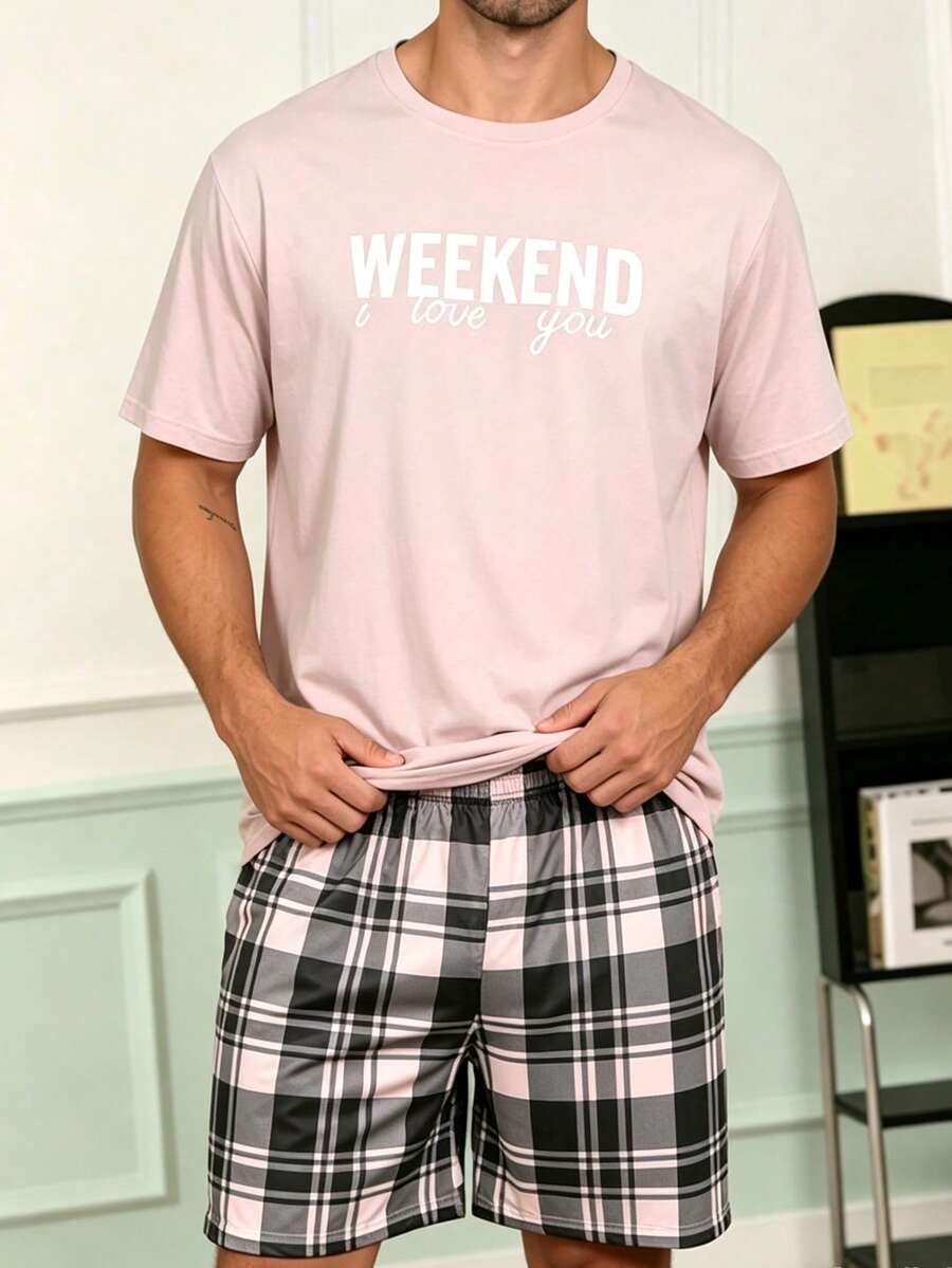 Men's WEEKEND Letter Print Short Sleeve Plaid Shorts Pajama Set, 2 Pieces Comfortable Loungewear Set - Multicolor - View 1