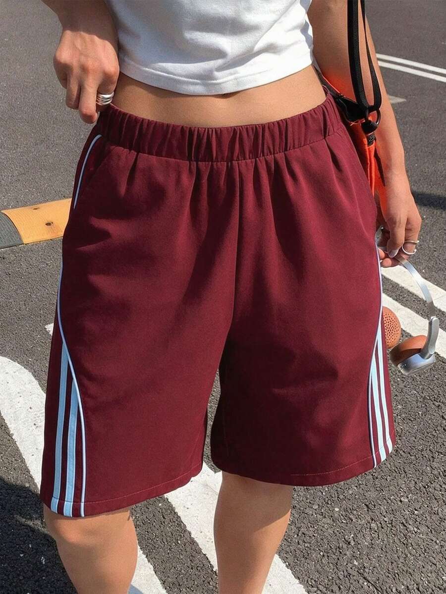 1pc Girls' Teenagers' Sports Casual Versatile Summer Lightweight Breathable Fashion Striped PatchworkBermuda Shorts - Burgundy - View 1