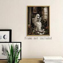 Ghost Reading Newspaper On Toilet Canvas Painting - Whimsical Bathroom Wall Decor, Vintage Gothic Poster - Dark Academia Home Office, Bedroom, Cabin Decor - Halloween Themed Unframed Art - F - View 4