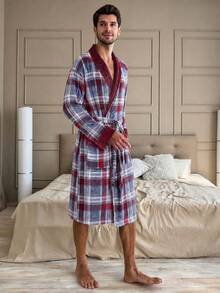 Winter Plaid Print Flannel Bathrobe For Men, Suitable For Indoor & Outdoor Wear,Shawl Collar Belted Mid‑Length Sleep Robe Loungewear - Red - View 4