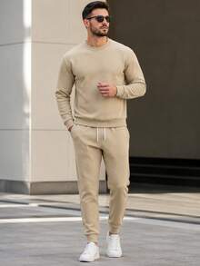 Men's Spring/Autumn 2 Pieces Sports Set, Khaki Jacquard Textured Sweatshirt And Drawstring Cuffed Jogger Pants, Outdoor Sports Casual Outfit Summer - Khaki - View 1