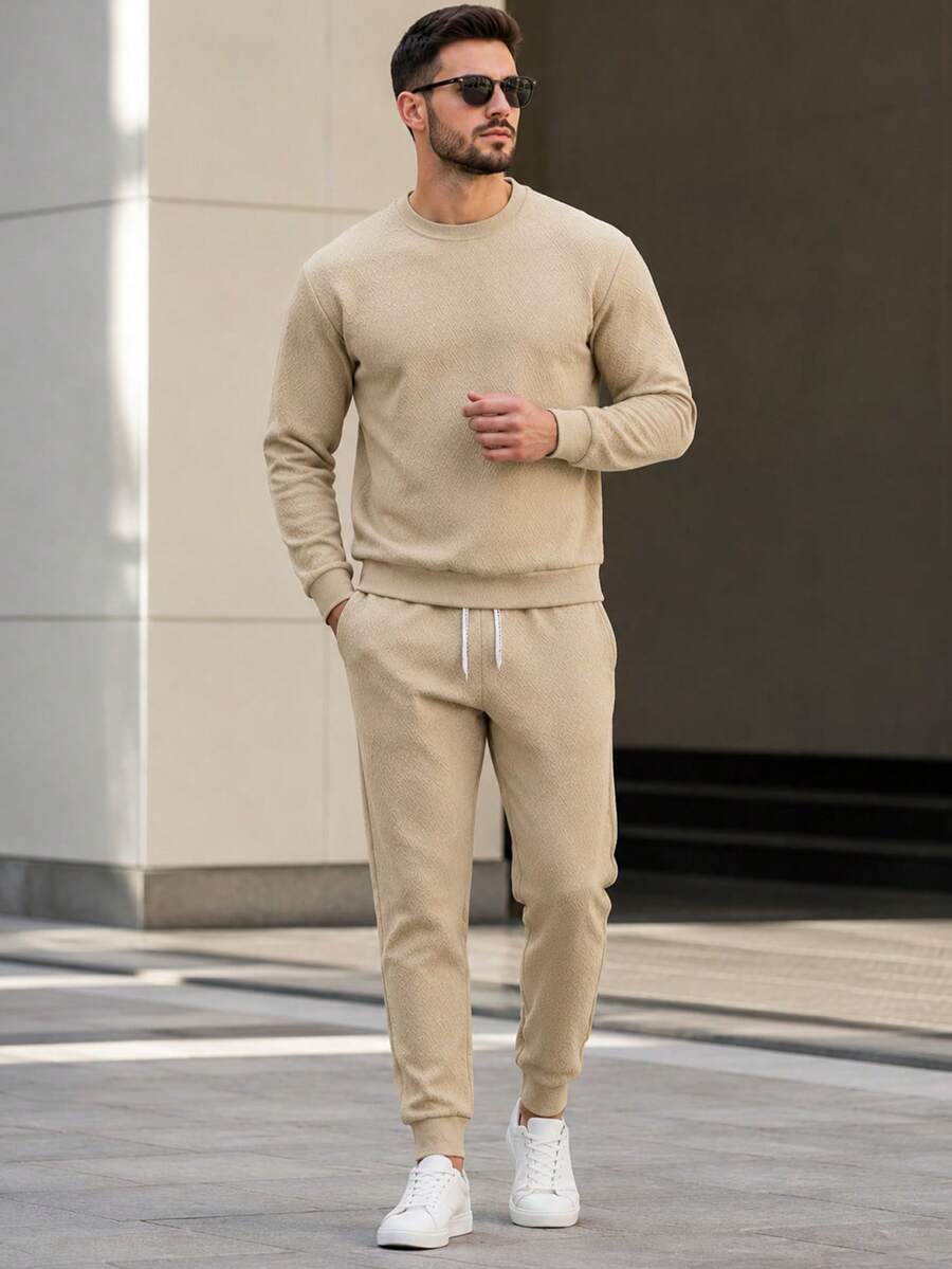Men's Spring/Autumn 2 Pieces Sports Set, Khaki Jacquard Textured Sweatshirt And Drawstring Cuffed Jogger Pants, Outdoor Sports Casual Outfit Summer - Khaki - View 1