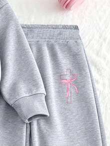 2pcs Girls' Cross Bow Print Half-Zip Sweatshirt & Pants Set, Fashionable & Comfortable Autumn/Winter Outfit - Grey - View 5