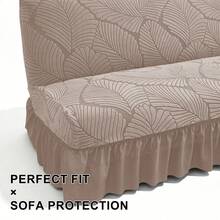 Futon Sofa Bed Cover With Ruffled Skirt, Stretch Jacquard Big Leaf Pattern Elastic One-Piece Slipcover, Machine Washable Furniture Protector For Living Room - Khaki - View 6