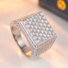 Women's Fashion Wide Band Ring, Square Face Fully Set With Synthetic Zirconia, Luxury High-Profile Versatile Style, Suitable For Evening Gowns, Eye-Catching Finger Ring - Silver - View 5