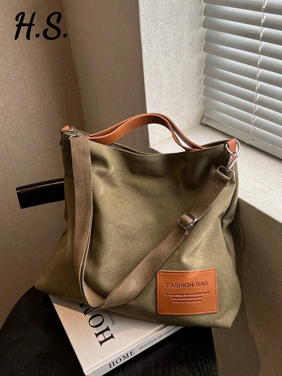 Fashionable Large Capacity Commuting Handbag , Crossbody Bag , And Casual Canvas Tote Bag With Color Collision. Suitable For Daily Use , College , Learning , And Work - Hijau Tentara - View 1