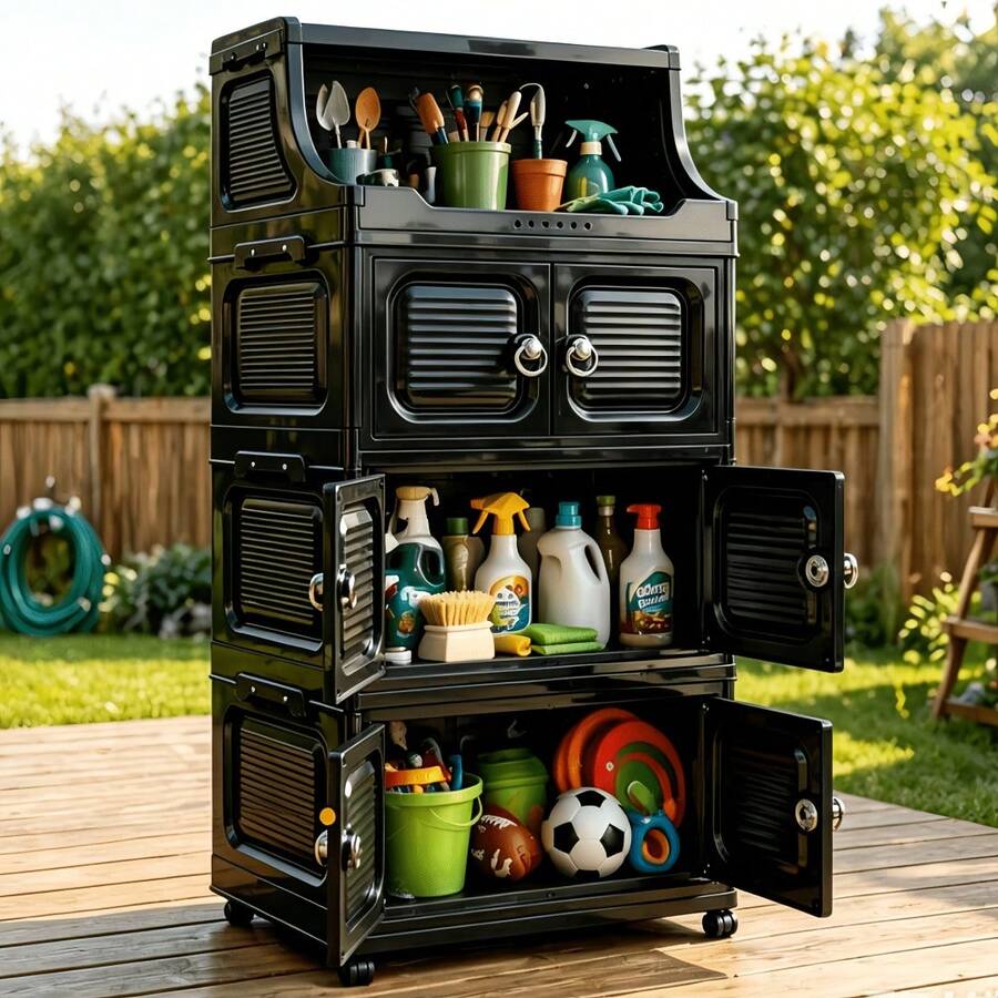 GOLDSNAKE 47 Cm / 18.5 Inch Wide Outdoor Cabinet With Open Storage Compartment On Top, Stackable Water-Resistant Garden Cabinet With Double Doors, Foldable Modular Storage Unit For Garden, Yard, Balcony And Garden Tools