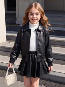 Purechapter 2pcs Tween Girls Fashion Leather Jacket Long Sleeve Coat With Lining, Skin-Friendly Comfortable Warm Pockets Lapel Zipper Jacket And A-Line Skirt Set (No White Clothes), Autumn/Winter New Style - Black - View 2