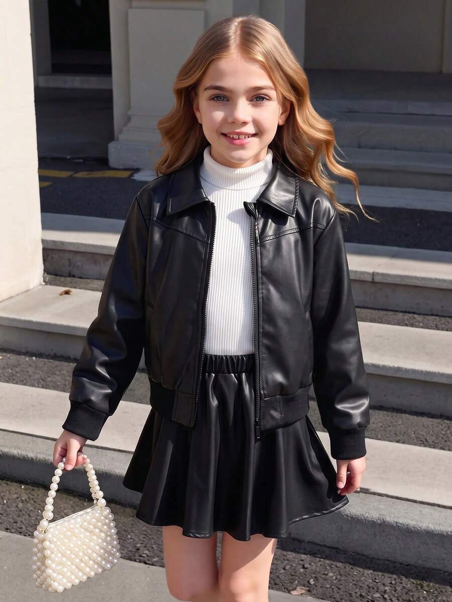 Purechapter 2pcs Tween Girls Fashion Leather Jacket Long Sleeve Coat With Lining, Skin-Friendly Comfortable Warm Pockets Lapel Zipper Jacket And A-Line Skirt Set (No White Clothes), Autumn/Winter New Style