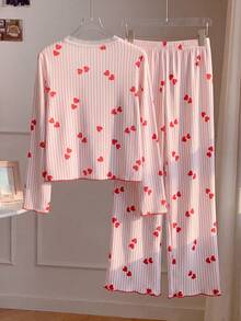 Bộ đồ ngủ xuân/thu cho bé gái tuổi teen, họa tiết trái tim đỏ ngọt ngào/trang trí nơ, áo dài tay + quần dài, chất vải mềm mại, phong cách dịu dàng, mặc ở nhà - Hồng - Xem 6