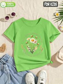 Tween Girls' Pure Cotton Raglan Short Sleeve T-Shirt, Graphic Print, Soft, Breathable & Loose Fit, Cute Sweet Preppy Kid Style - Green - View 2