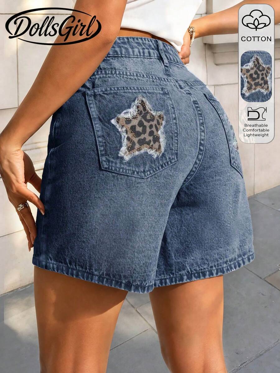 Y2K Streetwear Style Washed Distressed Leopard Print & Star Patchwork Denim Shorts, Multi-Functional Casual Jeans Shorts For Summer - Fried Flower Basket - View 1
