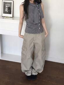 Korean Style Retro Plaid Bow Tie Cinched Waist Pleated Design Sleeveless Tank Top Casual Summer - Blue - View 4