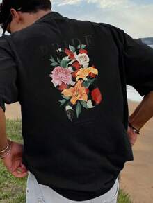Floral Print T-Shirt 180 G/M² Cotton Crew Neck Breathable Regular Fit For Summer Festivals - Black - View 3
