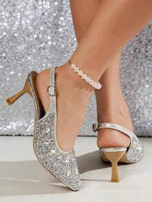 Kitten Heels For Women Slingback Heels Pointed Toe Pumps Rhinestones Pearls Stiletto Sparkly Bridal Sandals For Wedding Prom Dating - Silver - View 4