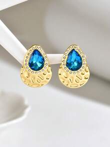 1 Pair 18K Gold Hammered Water Drop Colorful Cubic Zirconia Stud Earrings For Women, Stainless Steel Vintage Embossed Geometric Earrings, Luxury Palace Style Evening Party Atmosphere Elegant Jewelry, Perfect Gift For Women On Valentine's Day, Anniversary, Christmas, Thanksgiving, Halloween, Mother's Day And Other Holidays - Yellow Gold - View 10